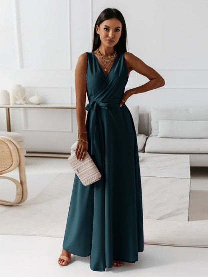 Satin Wrap V-Neck Tie Waist Sleeveless A-Line Maxi Dress