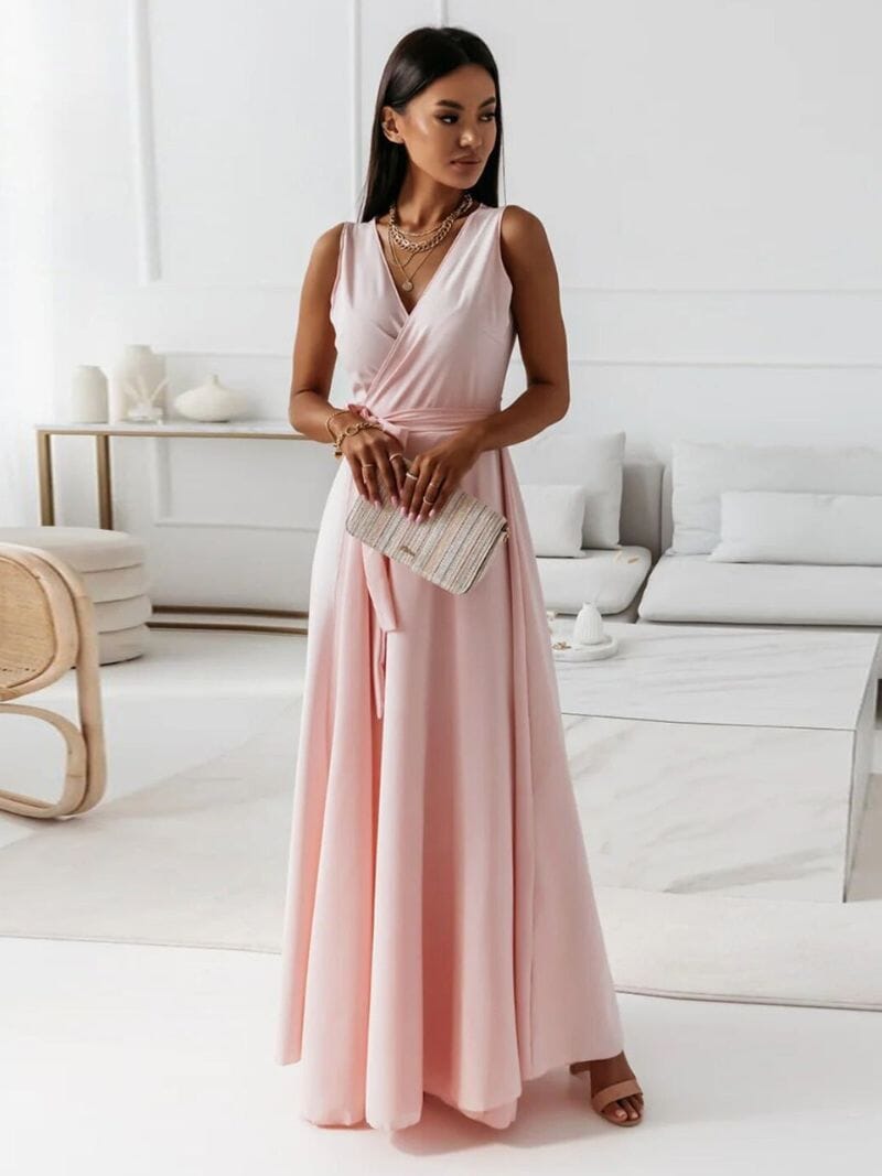 Satin Wrap V-Neck Tie Waist Sleeveless A-Line Maxi Dress