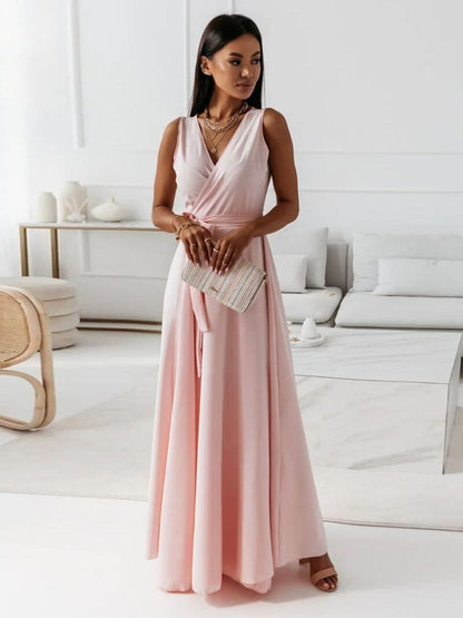 Satin Wrap V-Neck Tie Waist Sleeveless A-Line Maxi Dress