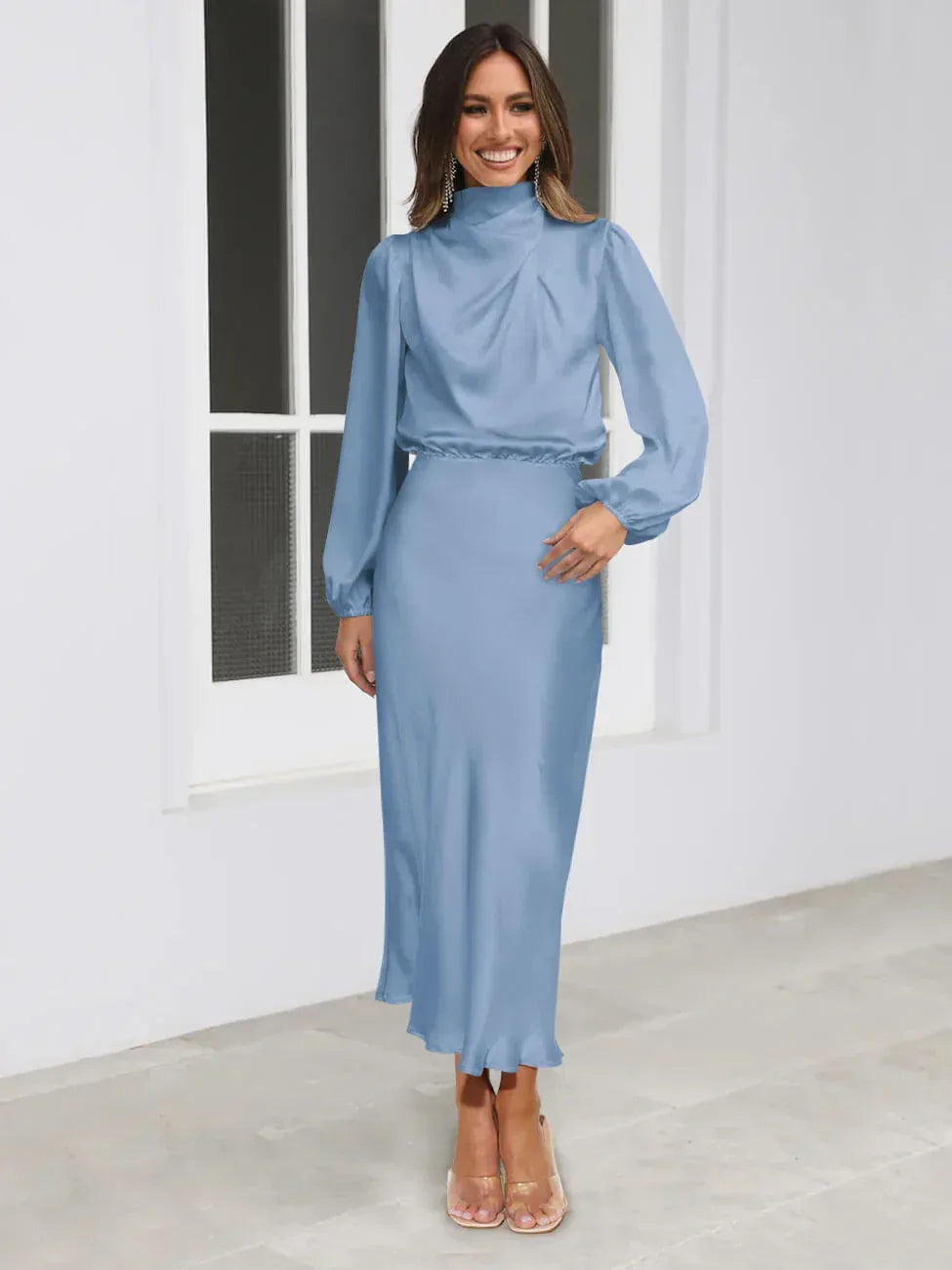 High Neck Long Sleeve Bridal Maxi Dress