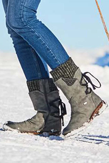 Mid-Calf Knitted Patchwork Lace Up Boots