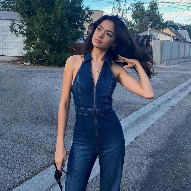 | V-neckline Denim Jumpsuit