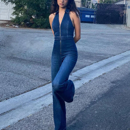 | V-neckline Denim Jumpsuit