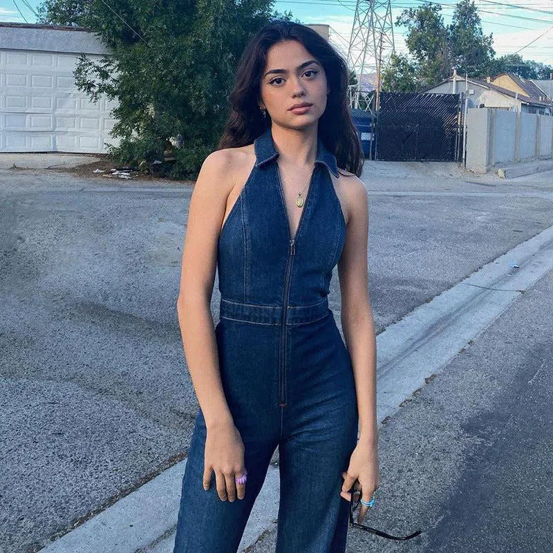 | V-neckline Denim Jumpsuit
