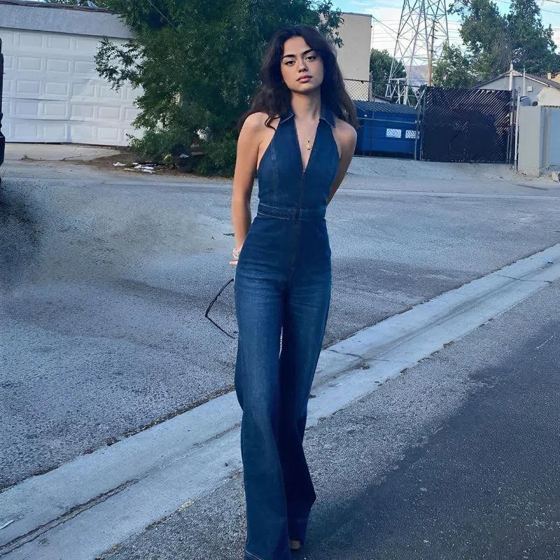 | V-neckline Denim Jumpsuit