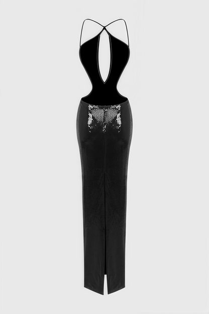 Creamy Black Cutout Sequin Maxi Dress