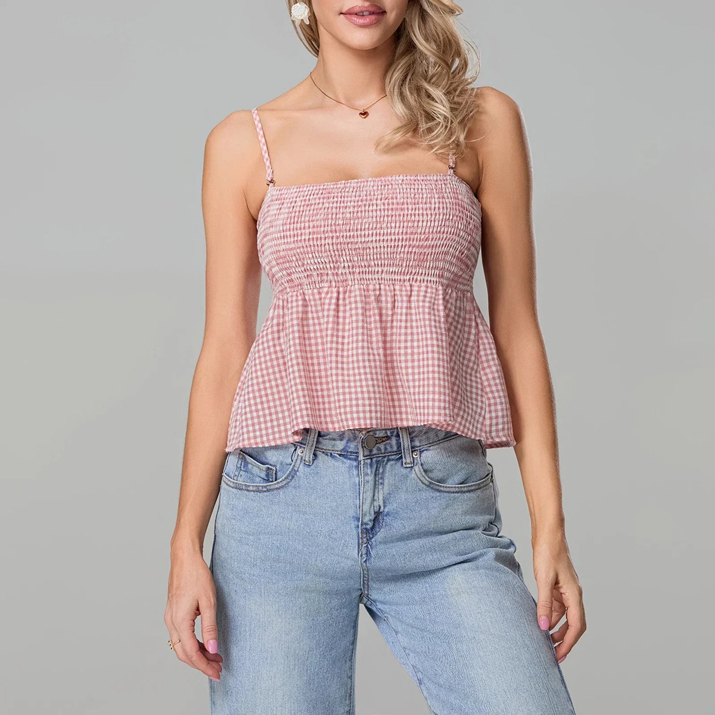 Smocked Gingham Peplum Crop Top
