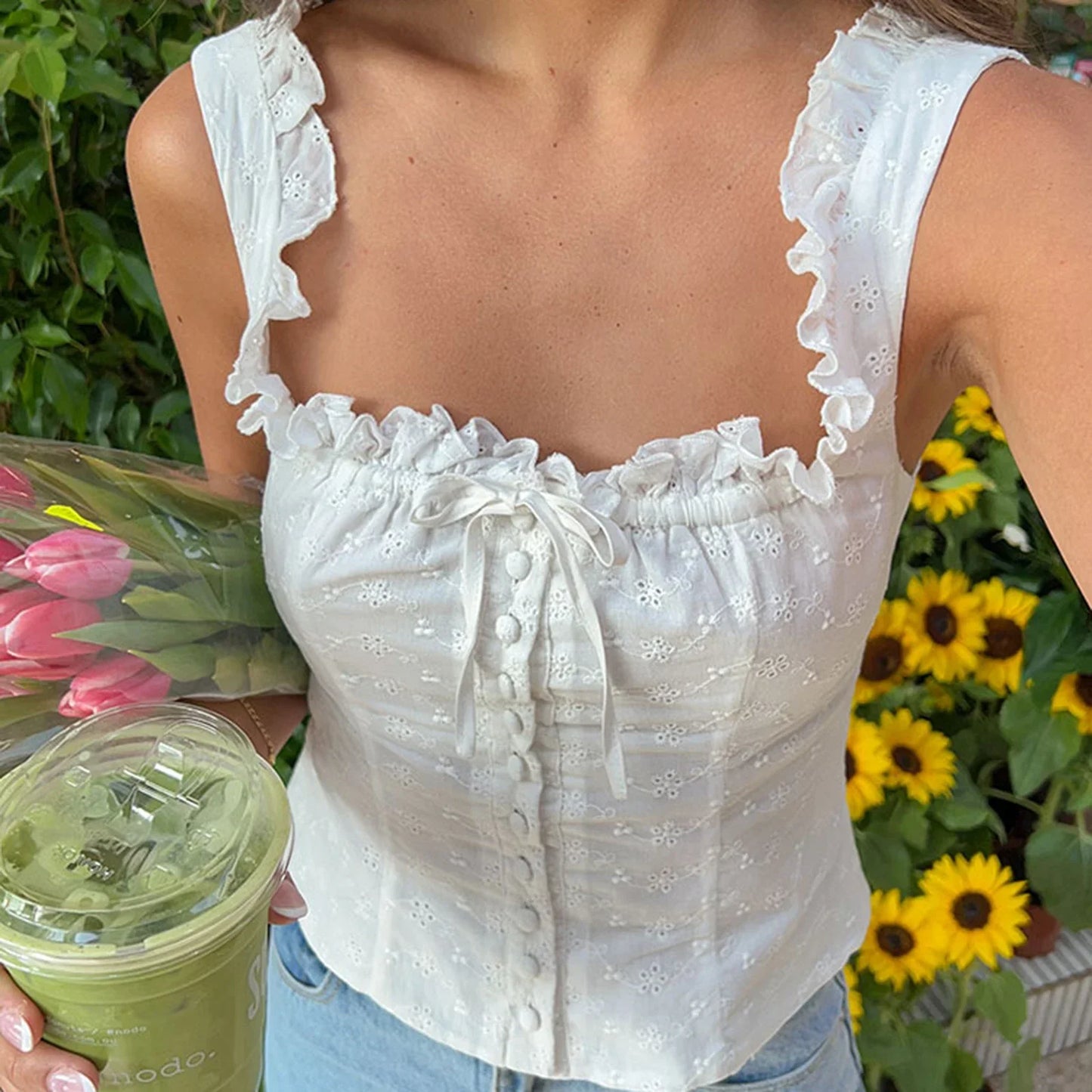 Hollow Eyelet Bow Crop Top