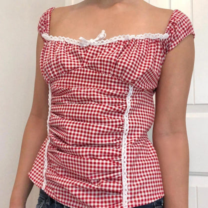 Red Gingham Ruffled Crop Top