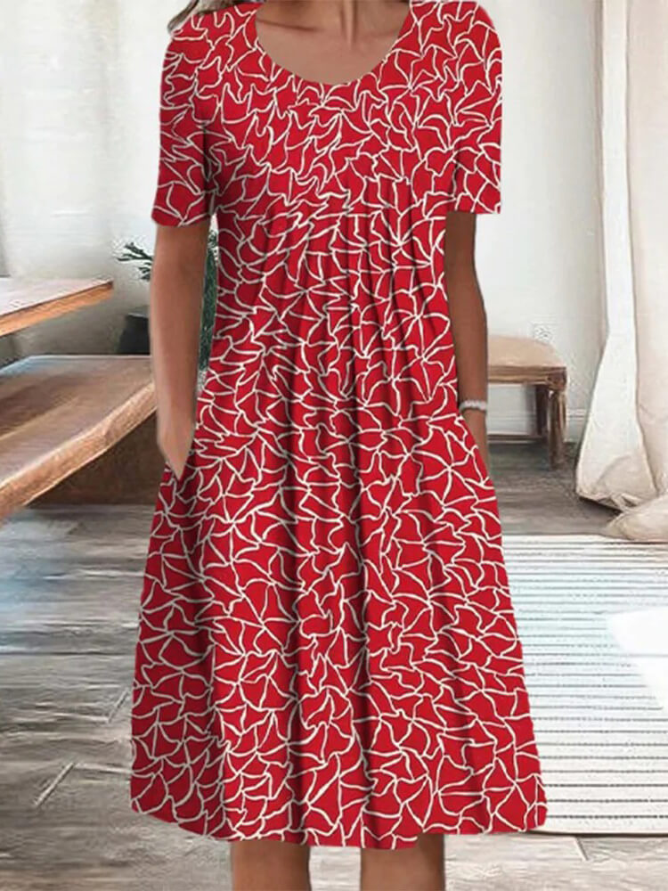Crew Neck Short Sleeve Abstract Geometric Print Pocket Midi Dress