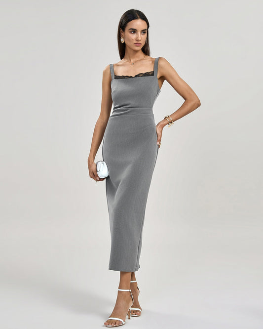 Women's Sleeveless Straight Bodycon Long Dress With Lace Trimmings