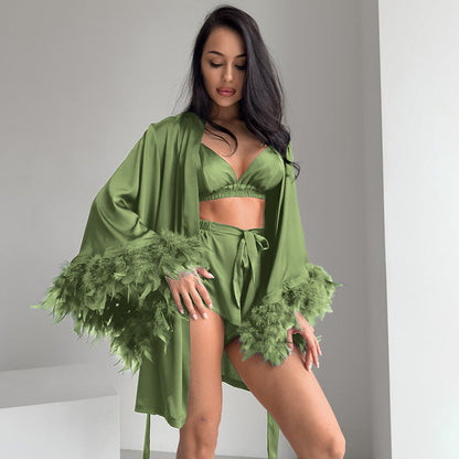 Navy satin feather trim three piece pajama set