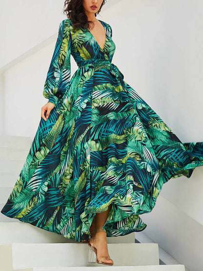 Surplice V Neck Bishop Sleeve Tropical Palm Print Wrap Tie Waist Maxi Dress