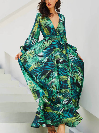 Surplice V Neck Bishop Sleeve Tropical Palm Print Wrap Tie Waist Maxi Dress