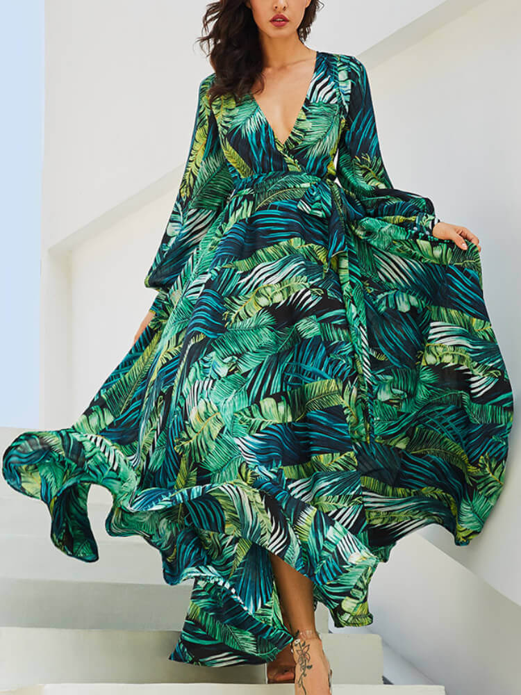 Surplice V Neck Bishop Sleeve Tropical Palm Print Wrap Tie Waist Maxi Dress
