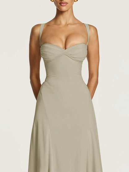 Party Dress Maxi Beige Halter Pleated Sleeveless Backless Chic Semi Formal Dress