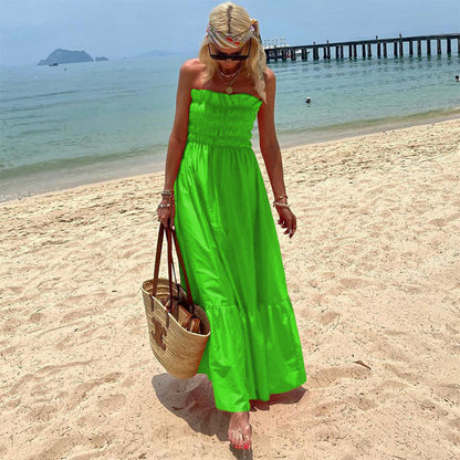 Strapless Smocked Ruffle Hem Tube Maxi Dress