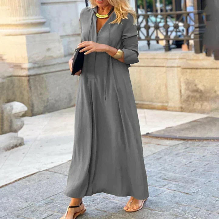Split V-Neck Tie Detail Long Sleeve Oversized Flowy Maxi Dress