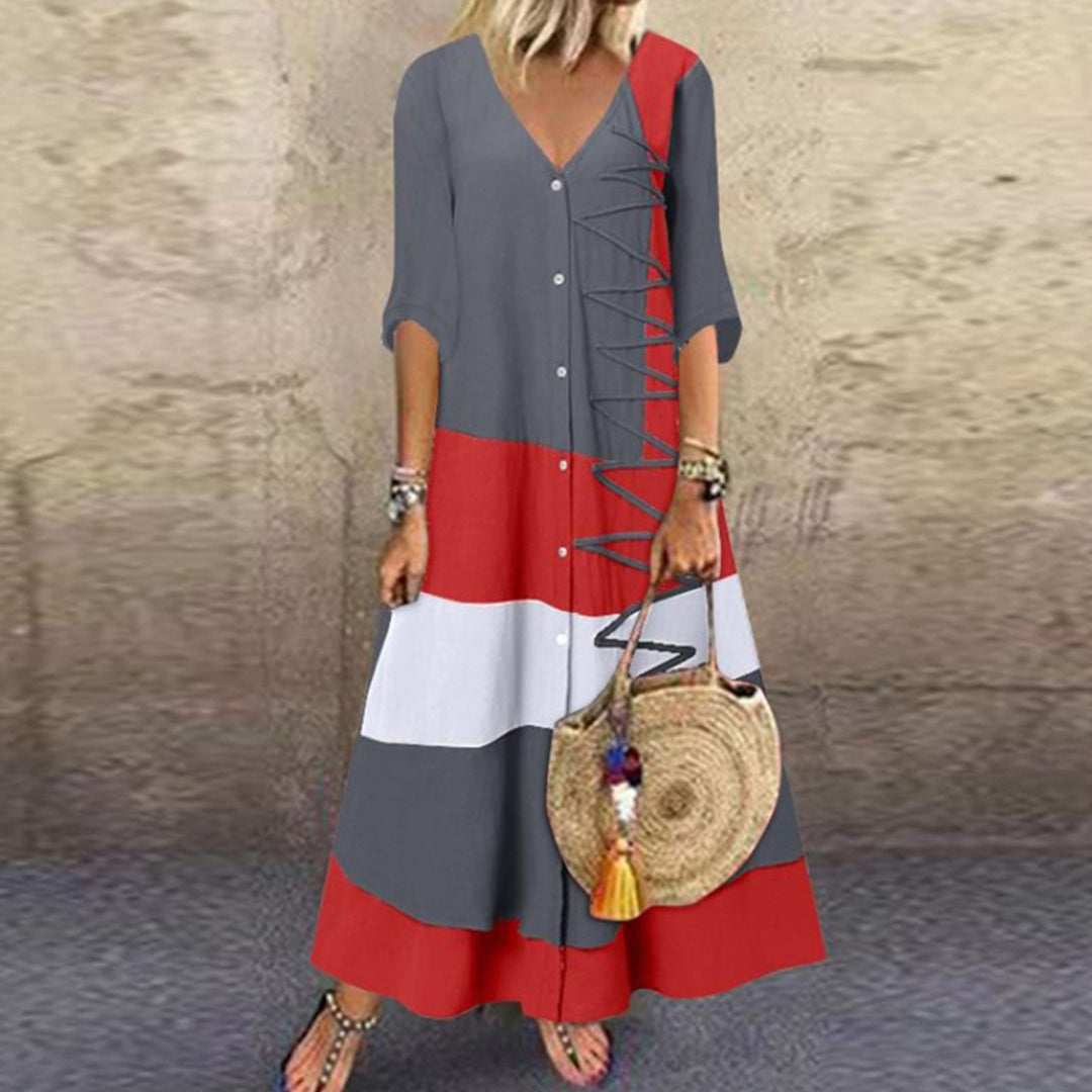 Deep V Neck Button Down Diagonal Lace Up Colorblock Stripe Maxi Dress