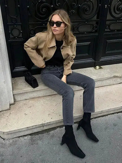 | Cropped Faux Suede Jacket