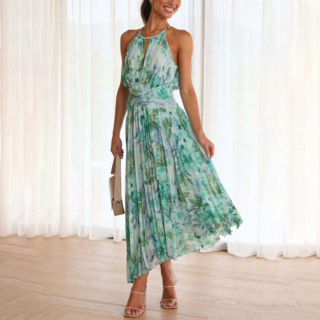 Floral Print Halter Keyhole Neck Pleated Asymmetric Hem Midi Dress