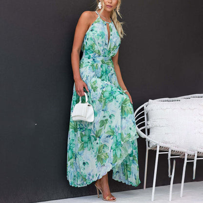 Floral Print Halter Keyhole Neck Pleated Asymmetric Hem Midi Dress
