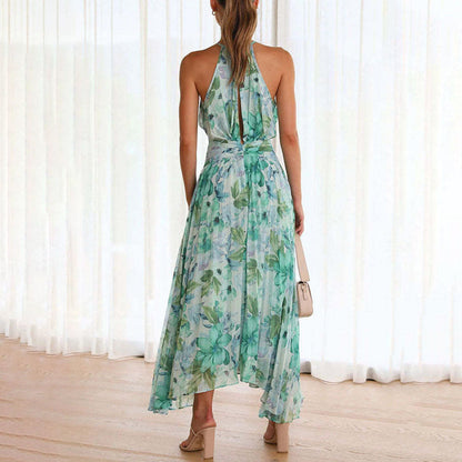 Floral Print Halter Keyhole Neck Pleated Asymmetric Hem Midi Dress