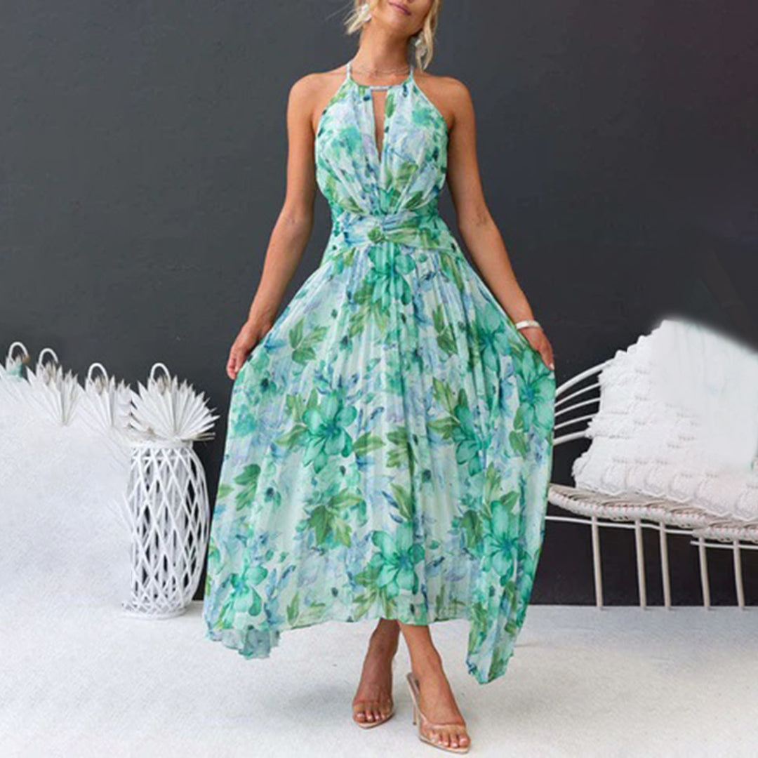 Floral Print Halter Keyhole Neck Pleated Asymmetric Hem Midi Dress