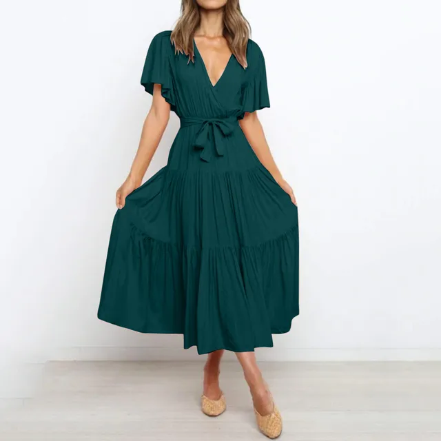 V Neck Wrap Tie Waist Tiered Flutter Sleeve Midi Dress