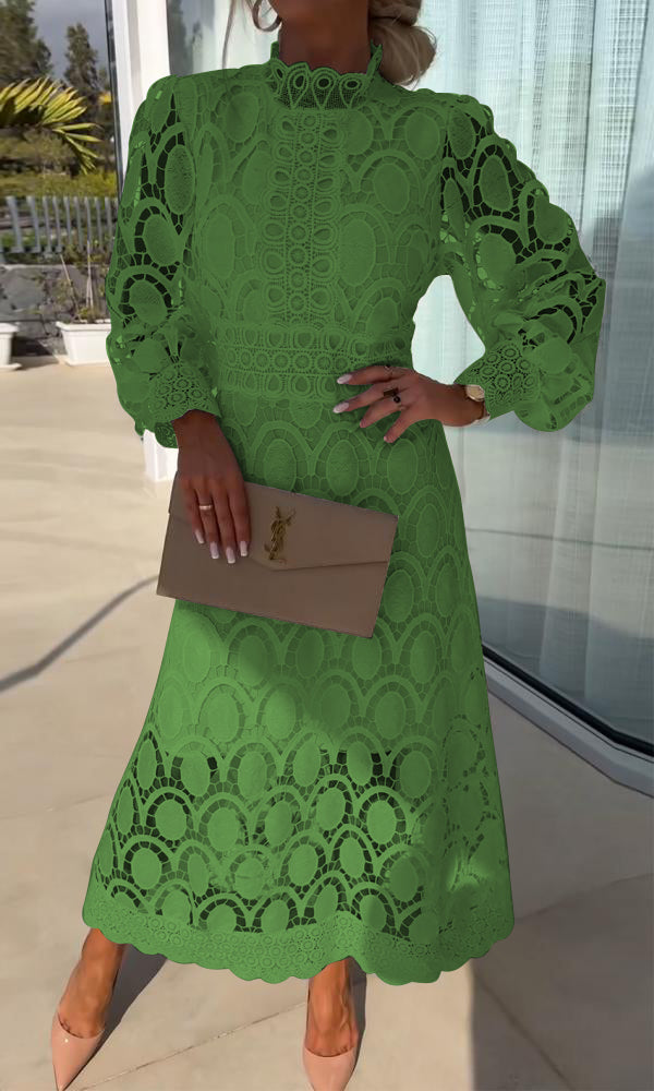Guipure Lace Mock Neck Puff Sleeve Scalloped Hem A-Line Midi Dress