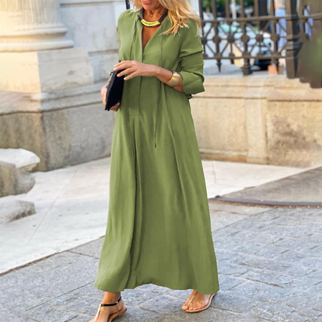 Deep V-Neck Drawstring Tie Long Sleeve Oversized Maxi Dress
