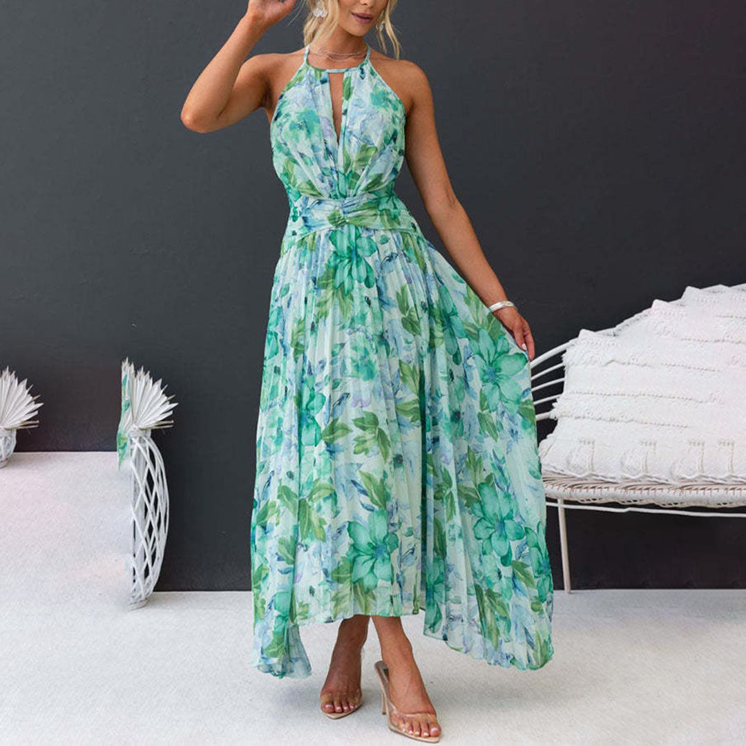 Floral Print Halter Keyhole Neck Pleated Asymmetric Hem Midi Dress