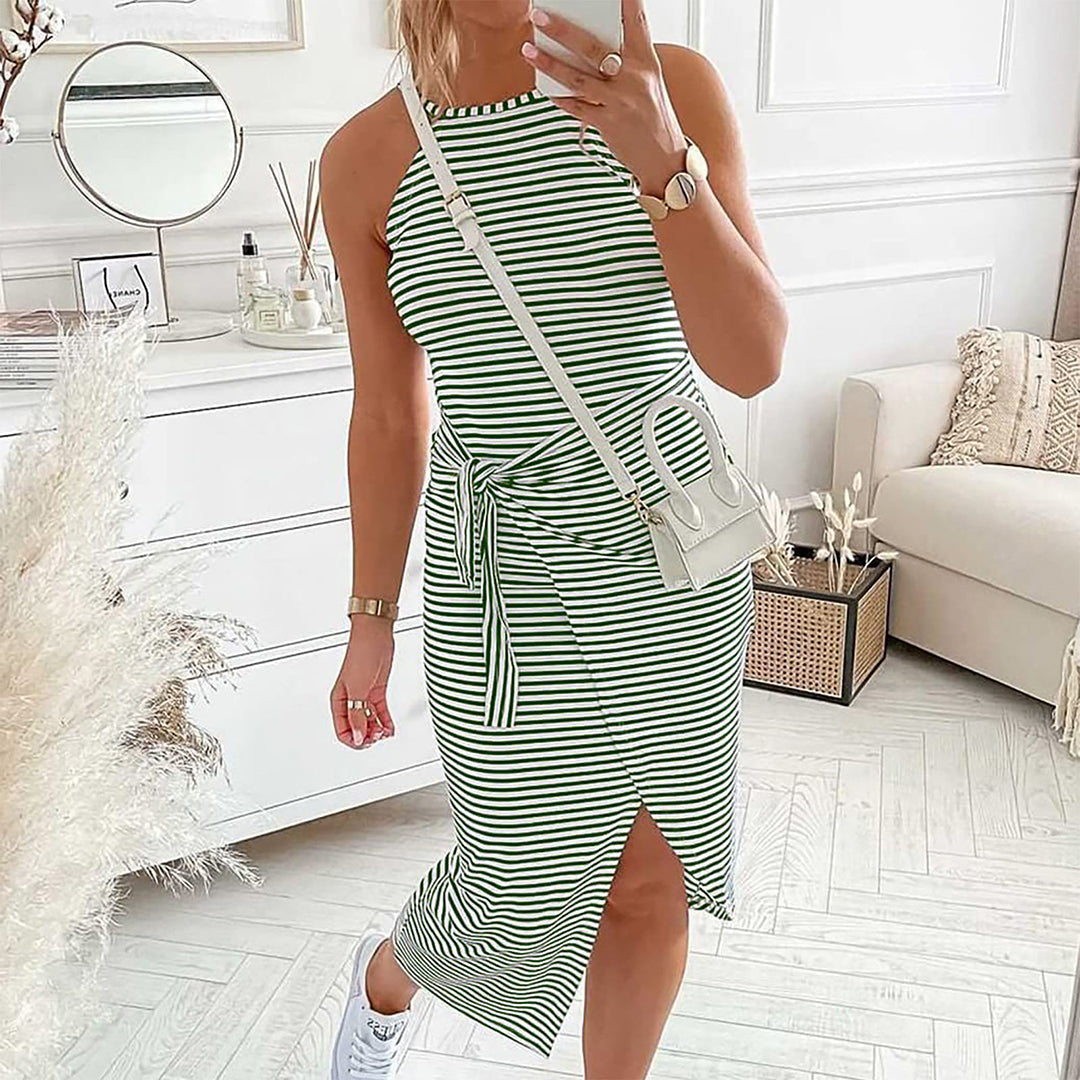 Horizontal Stripe High Neck Tie Waist Wrap Slit Midi Dress