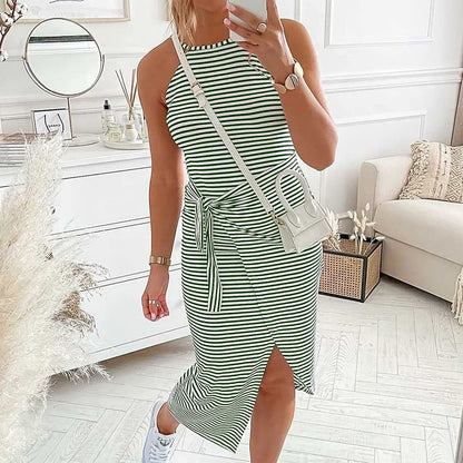Horizontal Stripe High Neck Tie Waist Wrap Slit Midi Dress