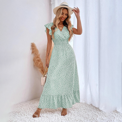 Dalmatian Print Wrap Flutter Sleeve Smocked Waist Ruffle Hem Maxi Dress