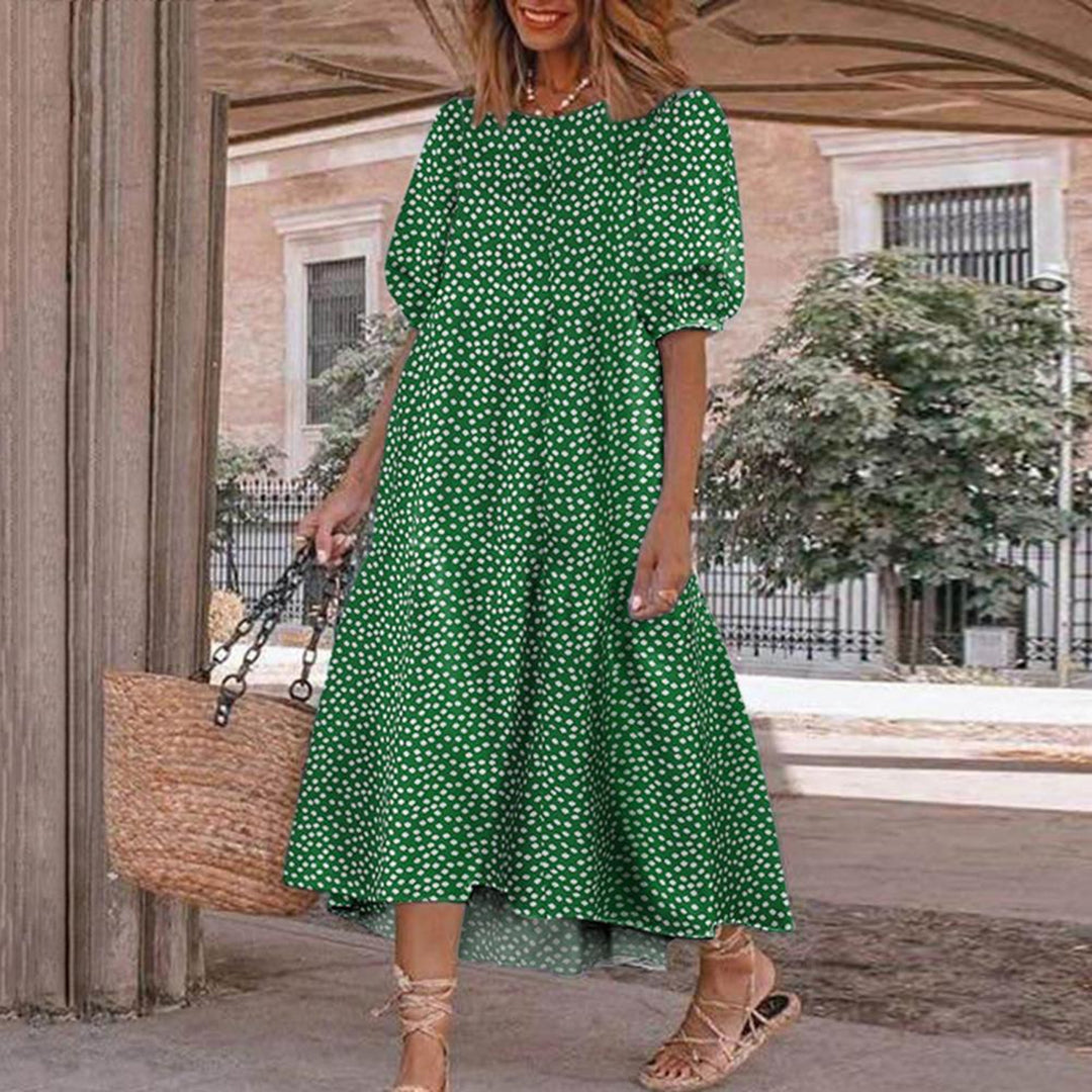 Ditsy Dot Print Puff Sleeve Round Neck Tiered Midi Dress