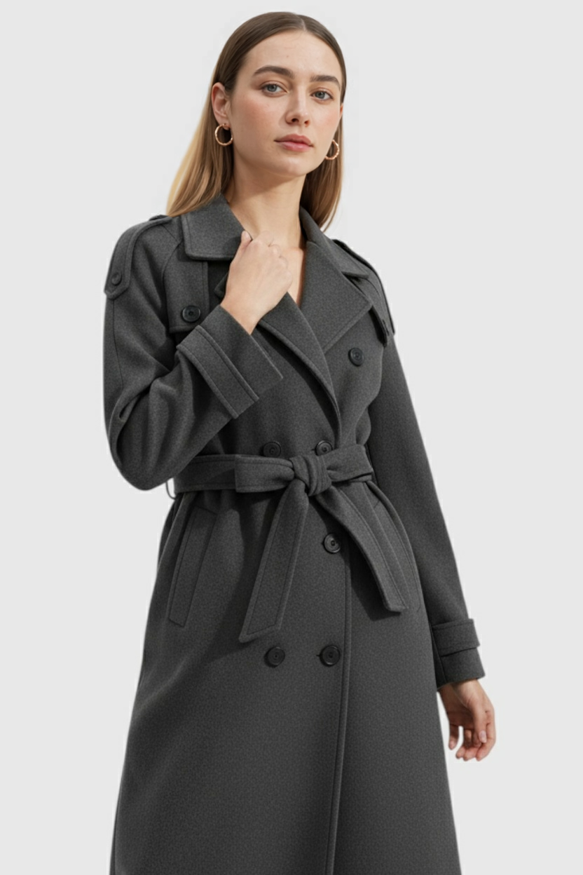 Long Double-Breasted Coat | Belted Waist | Relaxed Fit