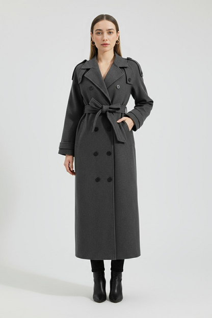 Long Double-Breasted Coat | Belted Waist | Relaxed Fit