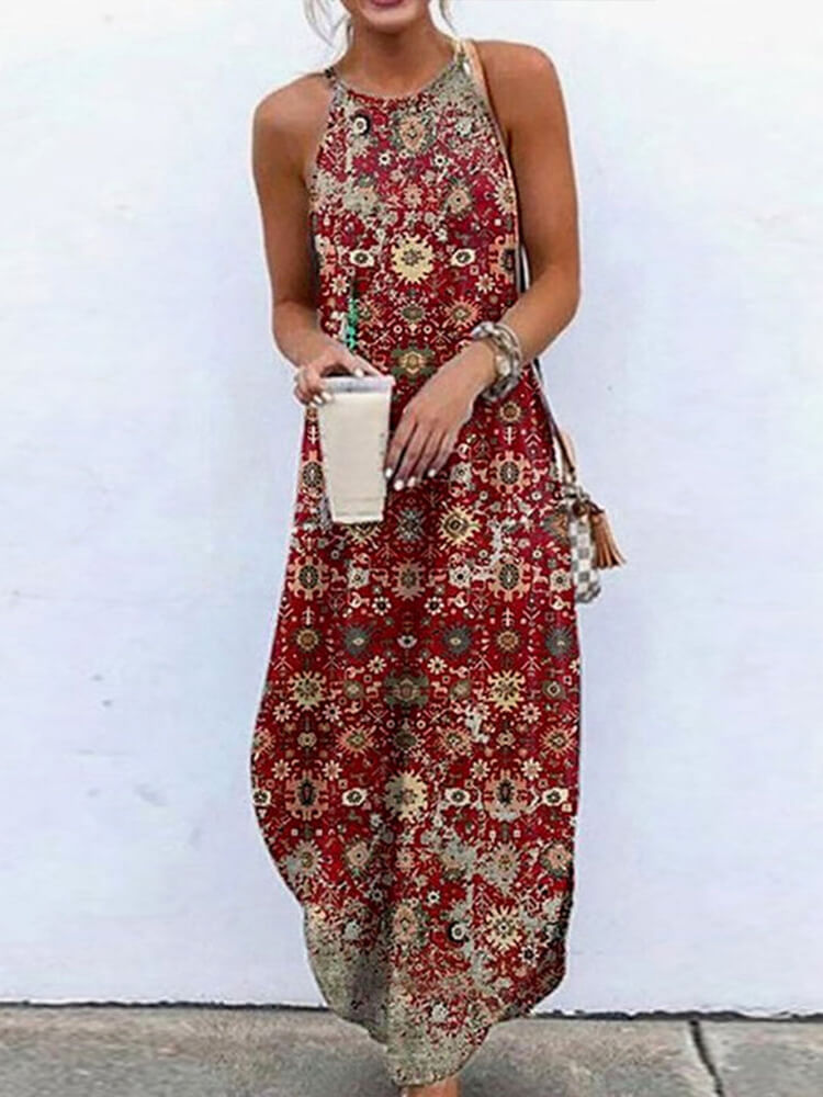 Halter Neck Sleeveless Boho Geometric Print Relaxed Maxi Dress