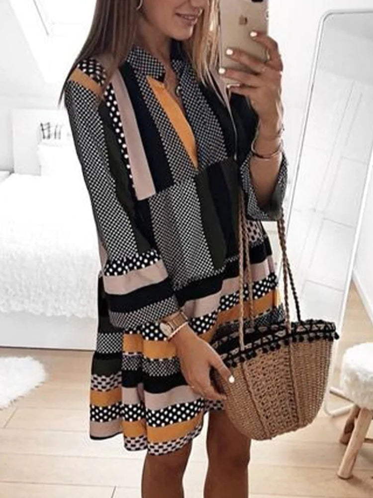 Split V Neck Three Quarter Sleeve Patchwork Tiered Babydoll Mini Dress