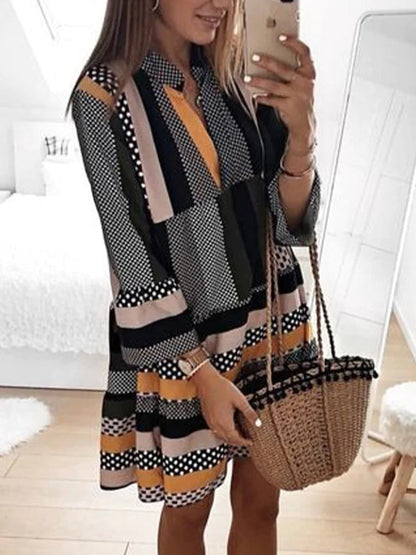 Split V Neck Three Quarter Sleeve Patchwork Tiered Babydoll Mini Dress