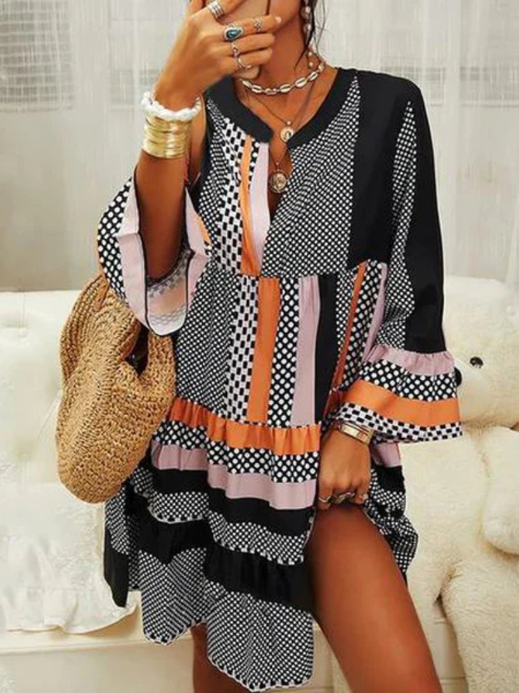 Split V Neck Three Quarter Sleeve Patchwork Tiered Babydoll Mini Dress