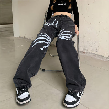 Grunge Skeleton Hand Printed Jeans