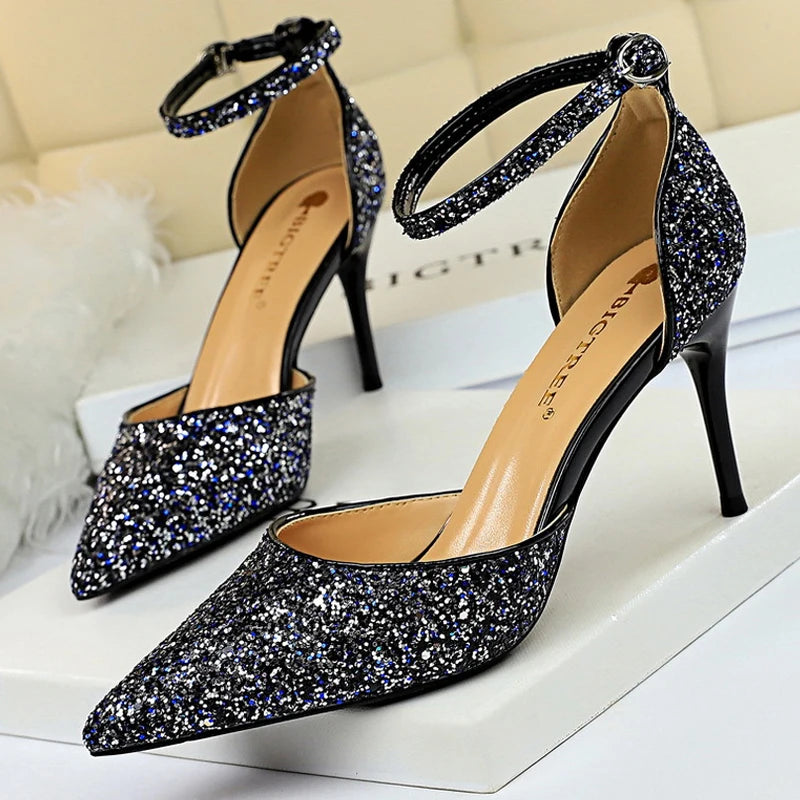 Sexy High Heels Sequins Women Pumps Fashion Wedding Shoes Hollow