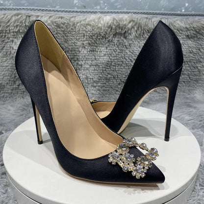 Purple Satin Pointy Toe High Heel with Glitter Square Decor