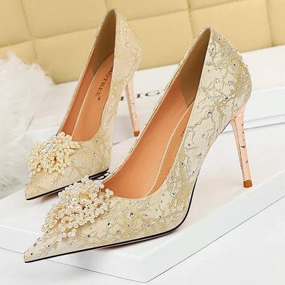 Pearl Flowers Rhinestone High Heels Luxurious Women Pumps