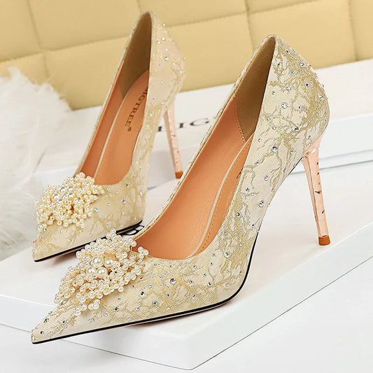 Pearl Flowers Rhinestone High Heels Luxurious Women Pumps
