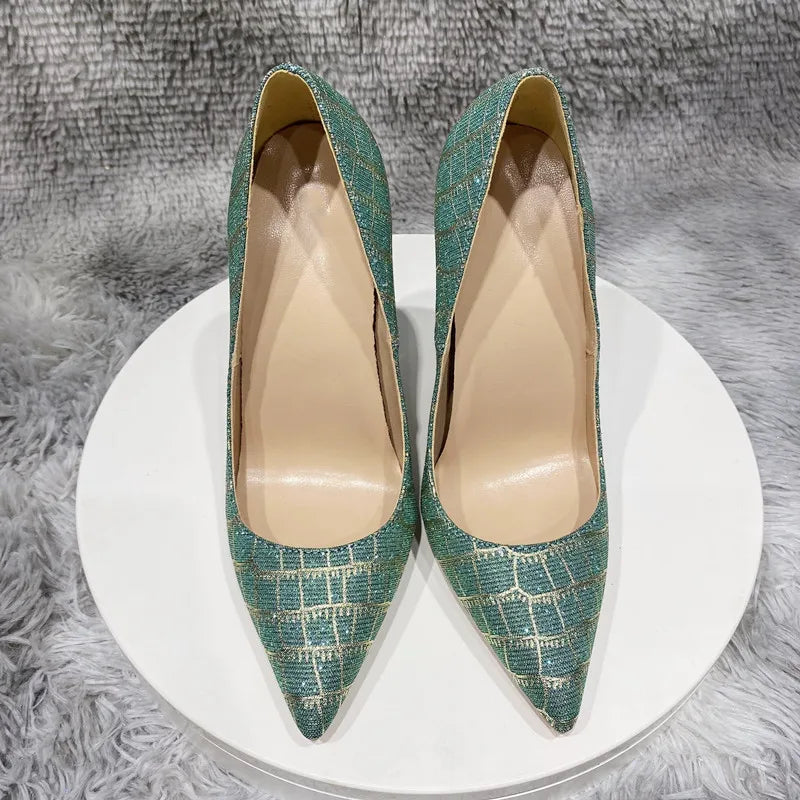 Green Glitter Embossed Crocodile Effect Pointy Toe High Heel Party Dress Shoes for Women