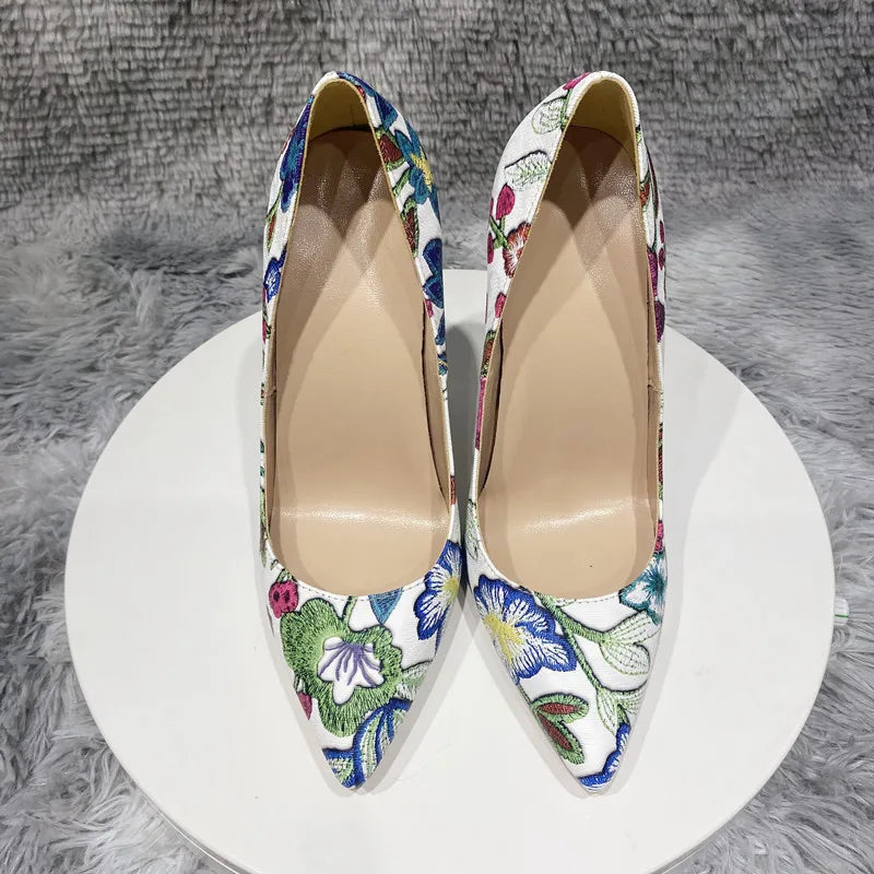 Flowers Printed Women Pointy Toe High Heel Party Dress Shoes
