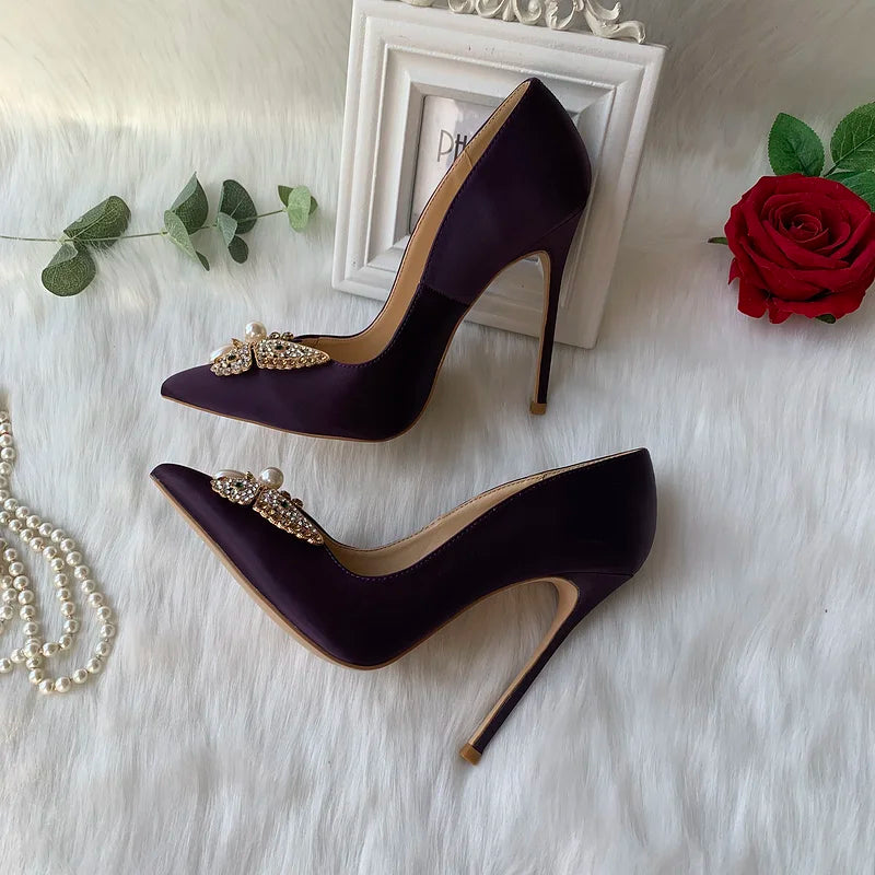 Glitter Bow Satin Pointy Toe High Heels Slip On Party Wedding Shoes for Women
